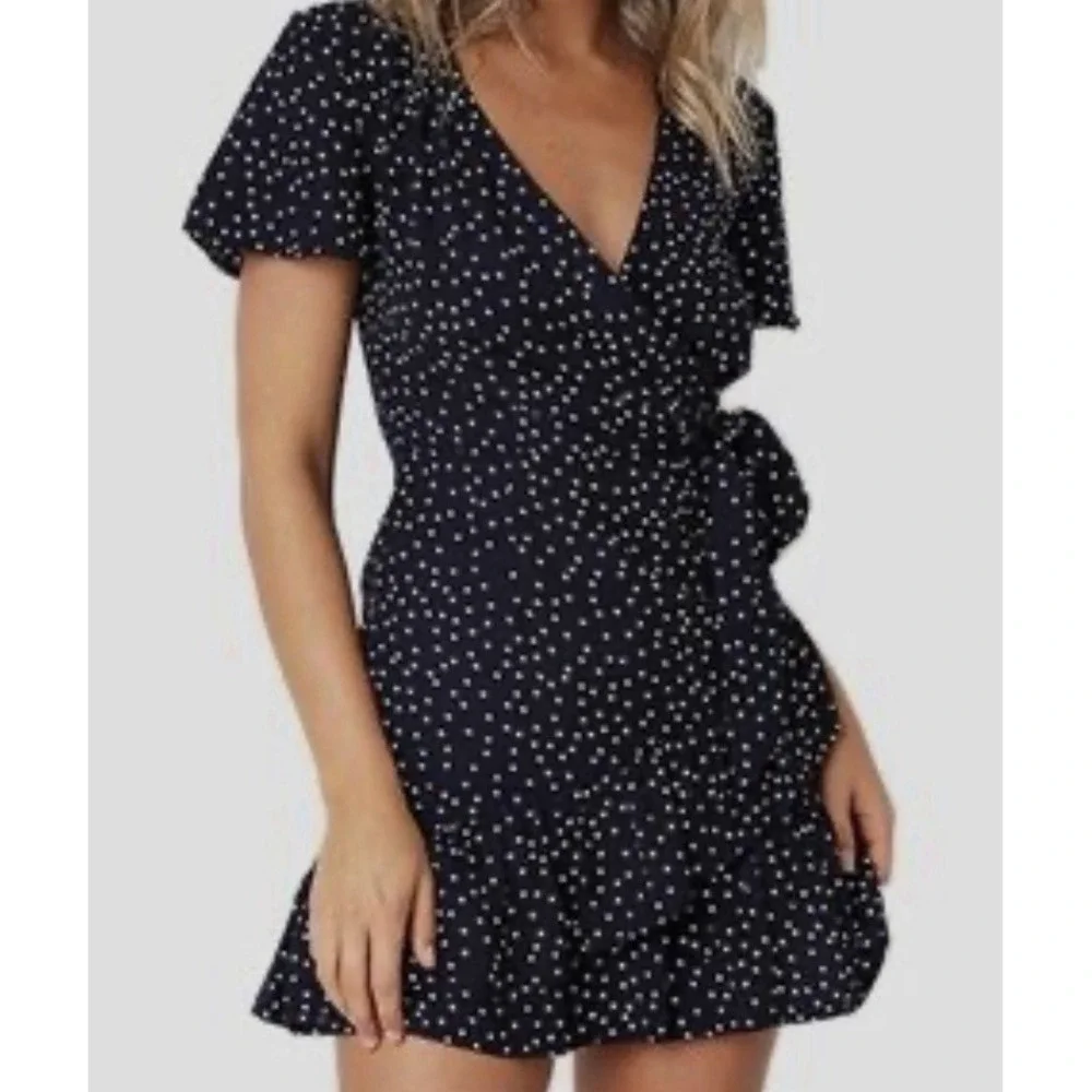 Relipop Womens Navy Blue & White Polka Dot Lightweight Wrap Sundress Dress S